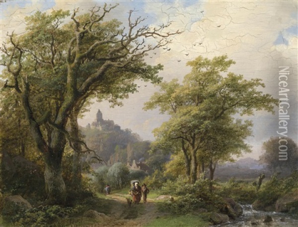 Wanderer Am Bach, Im Hintergrund Eine Burganlage Oil Painting - Johann Bernard Klombeck