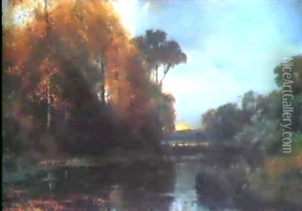 Herbstliche Flusslandschaft Inabenddammerung Oil Painting - Arvid Mauritz Lindstroem