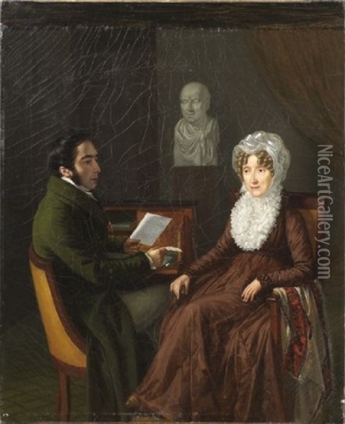 Portrait Of A Man And Woman (baroness Louise Deconchy?) Receiving Word Of Her Husbands Death In Battle Oil Painting - Jean Joseph Vaudechamp