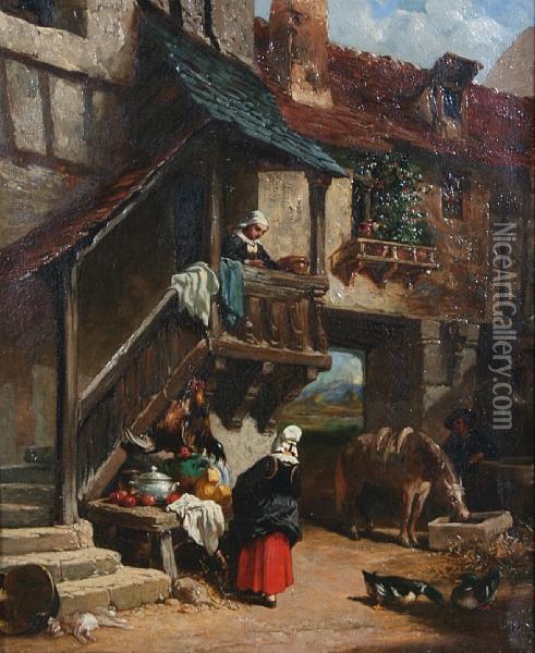 Continental Scene With Figures And Stall By A Gateway Oil Painting - Auguste-Aristide-Fernand Constantin