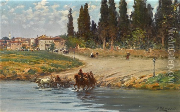 At The Water's Edge Oil Painting - Fausto Zonaro