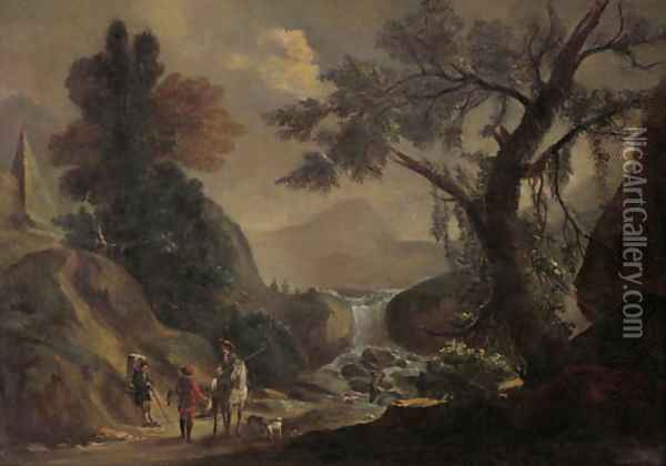 Falconers and a traveller on a path, by a torrent landscape Oil Painting - Jan Frans Bredael