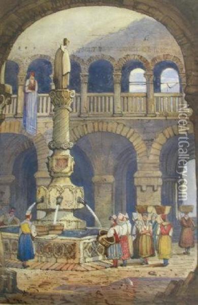 Women Collecting Water From A Fountain Oil Painting - Samuel Prout