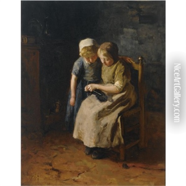 The Knitting Lesson Oil Painting - Albert Johan (Jan) Neuhuys