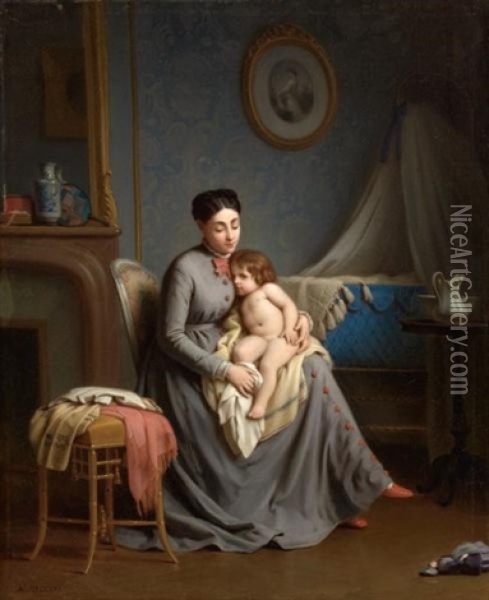 Nursery Interior With Mother And Child Oil Painting - Alexandre Legrand
