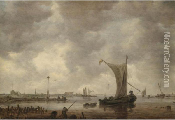 A River Estuary With Shipping And Fishermen On The Shore Oil Painting - Jan van Goyen