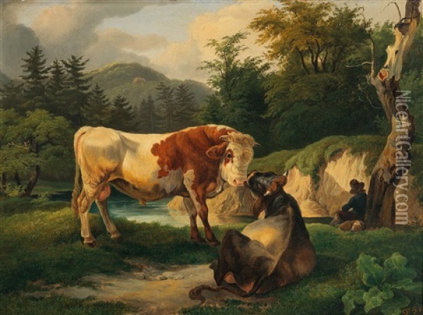 A Mountain Pasture Near Miesenbach Oil Painting - Friedrich Gauermann