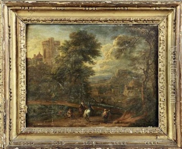 Personnages Et Cavaliers Dans Un Paysage Au Chateau Fortifie Oil Painting - Pieter Bout