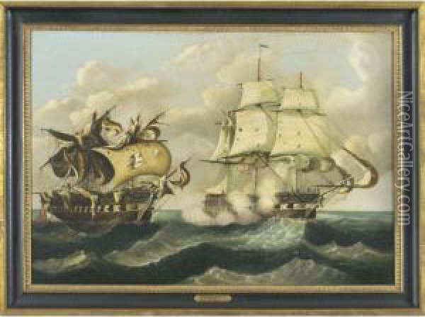 Capture Of The H.b.m. Frigate 
Macedonia By The U.s. Frigate United States, October 25, 1812 Oil Painting - Thomas Chambers