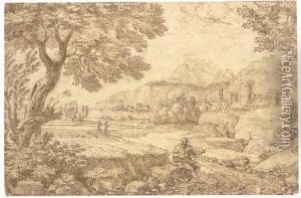 A Coastal Landscape With A Traveller Seated By A Track Leading To Acastle Oil Painting - Crescenzio Onofri