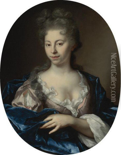 Portrait Of A Lady, Half Length, Wearing A Pink Dress With A Bluewrap Oil Painting - Arnold Boonen