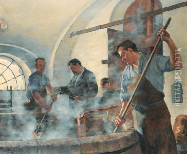 Le Demelage, Brasseurs A Bethencourt [ ; Mashing At The Brewery Of Bethencourt (north Of France) ; Oil On Canvas Signed And Dated '92] Oil Painting - Eugene Decisy