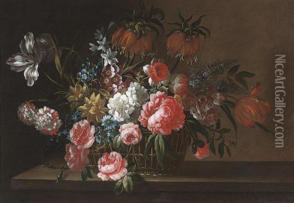 Roses, Carnations, Tulips, 
Cornflowers, Camelias And Other Flowersin A Wicker Basket, On A Stone 
Ledge Oil Painting - Simon Hardime