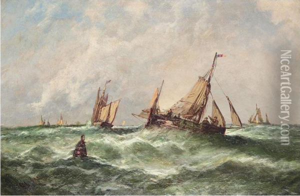 Fishing Boats In Rough Seas Oil Painting - Edwina W. Lara