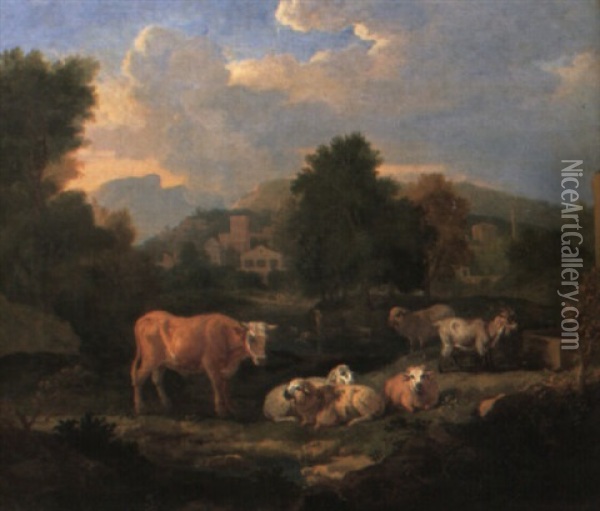 Wooded Italianate Landscape With Cattle, Sheep And Goats Oil Painting - Pieter van Bloemen