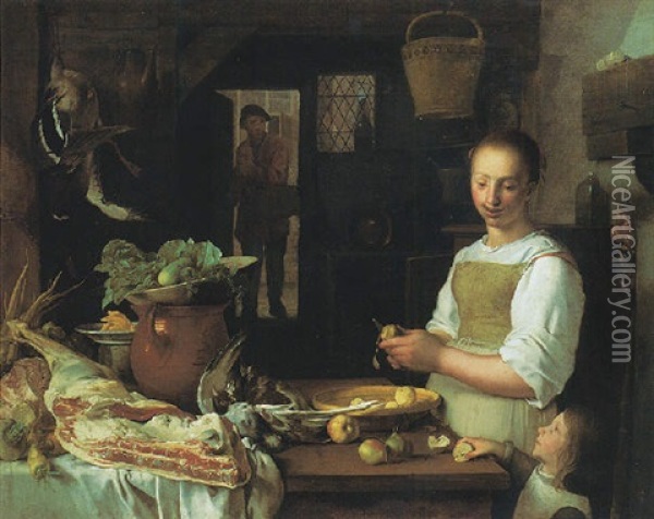 A Kitchen Scene With A Maid And A Young Child Peeling Apples Oil Painting - Jeremias van Winghe