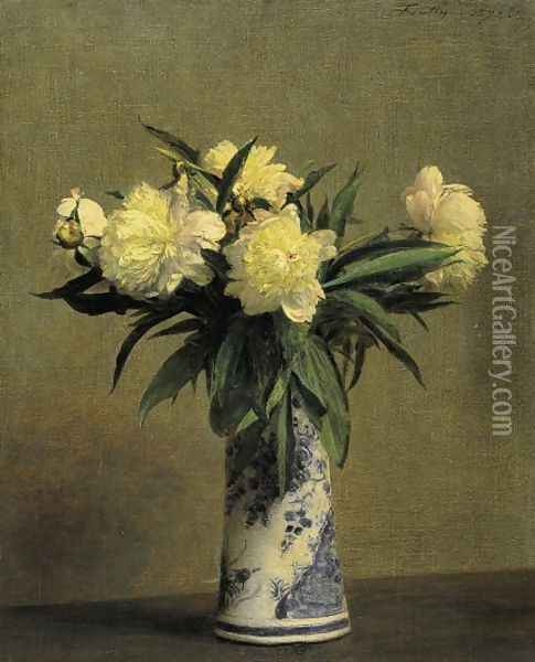 Peonies in a Blue and White Vase Oil Painting - Ignace Henri Jean Fantin-Latour