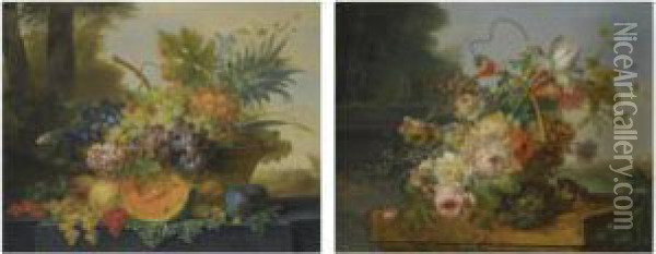 Still Life With A Basket Of Flowers, A Bird's Nest And A Songbird,all Arranged On A Marble Plinth, The City Of Rotterdam Beyond, Withthe Tower Of The Laurenskerk; Still Life With A Basket Of Fruit On A Ledge Before A Landscape,including A Pineapple, Bunch Oil Painting - Willem van Leen
