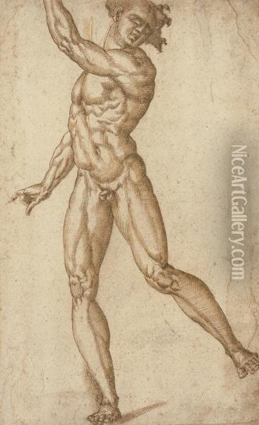 A Standing Male Nude With His Left Arm Raised Oil Painting - Baccio Bandinelli