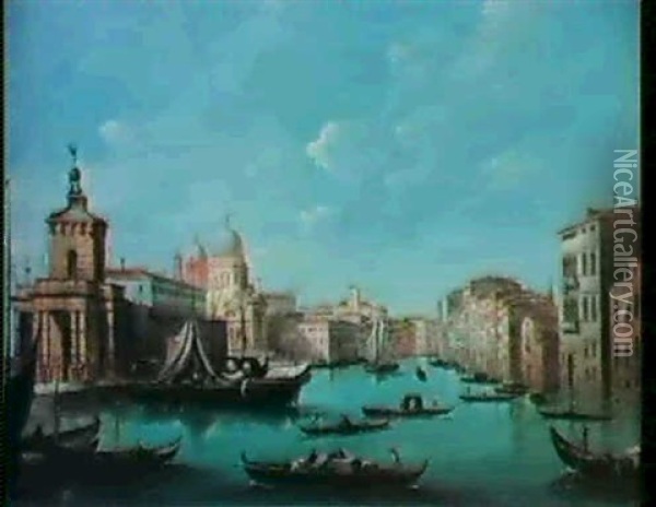Venice: The Entrance To The Grand Canal With The Dogana     And The Church Of Santa Maria Della Salute;& Rialto Bridge Oil Painting - Giuseppe Bernardino Bison