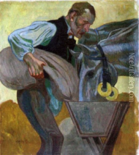 Mann Mit Pferden Bei Der Futterung Oil Painting - Robert Von Haug