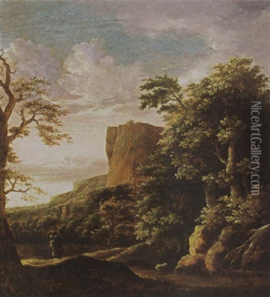 A Southern Wooded Landscape With A Traveller Near A Stream, Mountains Beyond Oil Painting - Cornelis Matteus