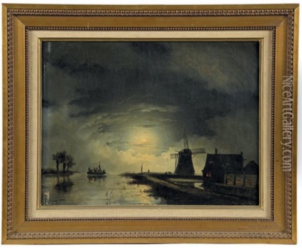 Canal De Hollande Au Clair De Lune Oil Painting - Hendrik Gerrit ten Cate