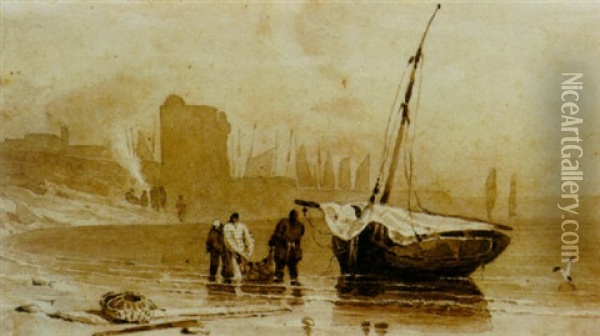 Fishermen With Their Nets On Beach, Le Havre Oil Painting - Richard Parkes Bonington