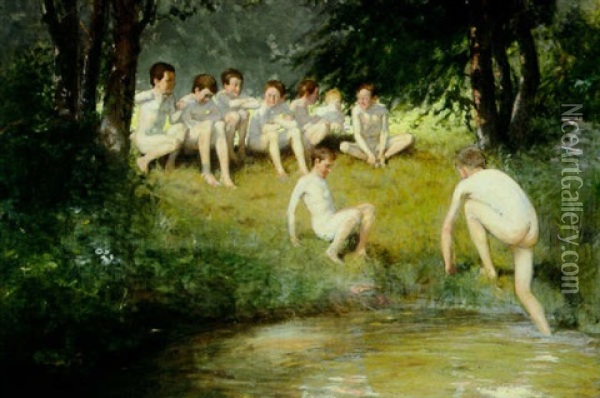 At The Swimming Hole Oil Painting - Josef Eduard Sauer