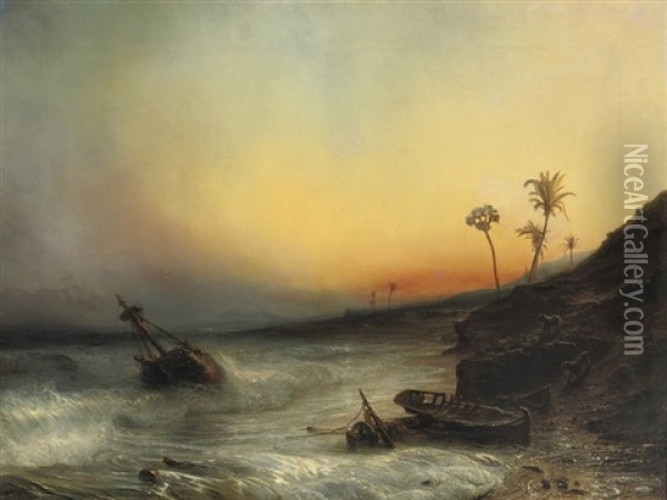 Prowling Along A Tropical Coast At Sunset Oil Painting - Baron Jean Antoine Theodore Gudin