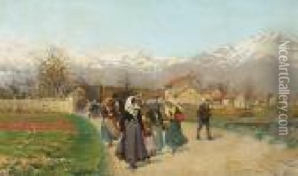 Peasants On The Road Near An Alpine Village Oil Painting - Luigi Cima