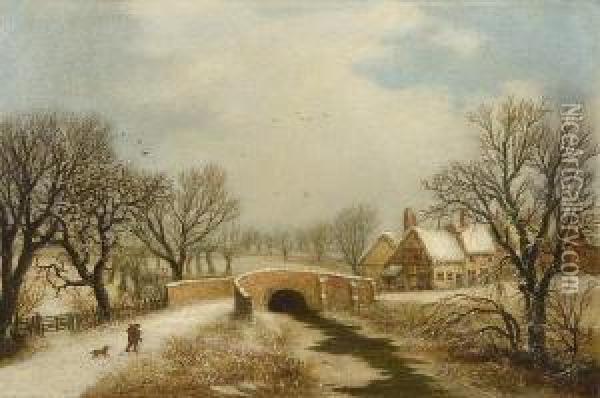 Figures In A Winter Landscape Oil Painting - William Stone