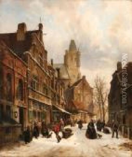 A Winter Street Scene Oil Painting - Adrianus Eversen