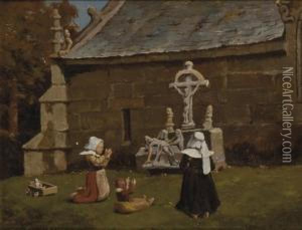 Femmes Et Enfant Priant Devant La Croix Oil Painting - Clement Nye Swift