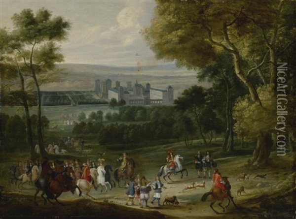 A View Of The Chateau De Vincennes With Louis Xiv Preparing To Leave For The Hunt Oil Painting - Adam Frans van der Meulen