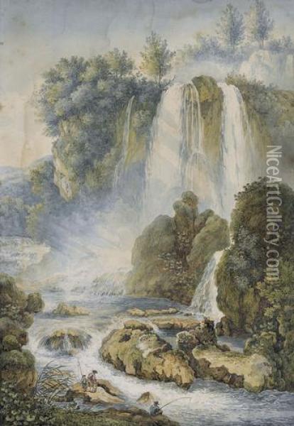 Die Grossen Wasserfalle Bei Tivoli Mit Fischern Oil Painting - Franz Keiserman
