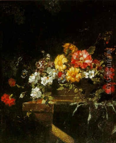 Still Life Of Flowers In A Vase On A Ledge Oil Painting - Jean-Michel Picart