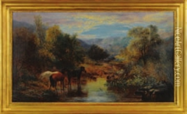 Dartmoor Ponies In A River Valley Oil Painting - William Widgery