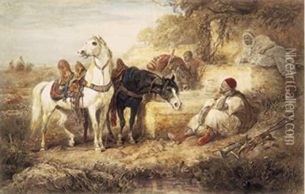 Halte Dans L'oasis, 1883. Oil Painting - Adolf Schreyer