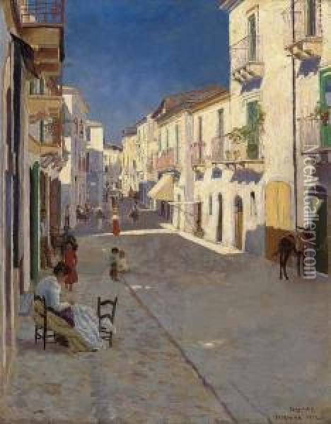 A Bustling Street, Taormina Oil Painting - Severin Segelcke