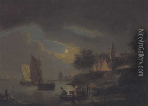 Hollandische Flusslandschaft Mit Einem Dorf, Booten Und Einer Windmuhle Oil Painting - Cornelis van Cuylenburg