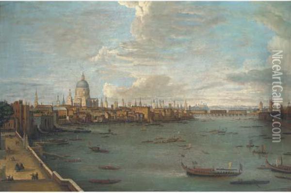 Vessels On The Thames Before London Bridge Oil Painting - (Giovanni Antonio Canal) Canaletto