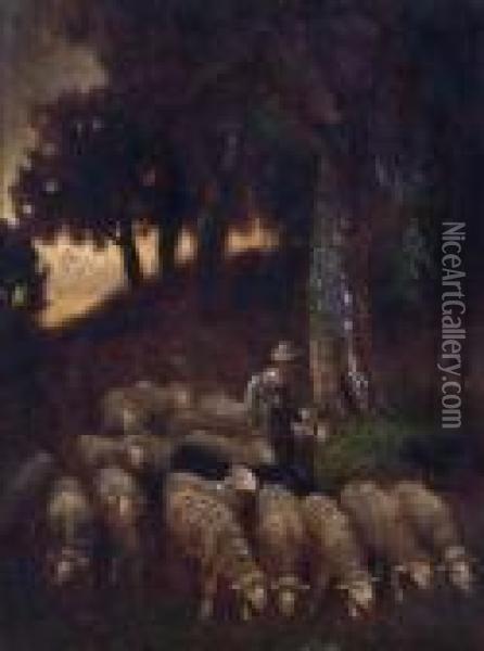Shepherd Herding His Flock Oil Painting - Charles Emile Jacque