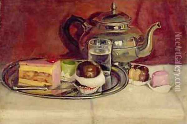 Still Life with Cakes and a Silver Teapot Oil Painting - Pericles Pantazis