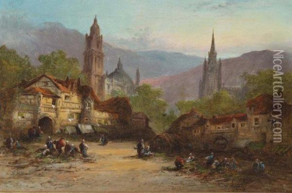 Continental Townscape With Mountains In The Background Oil Painting - Henry John Foley