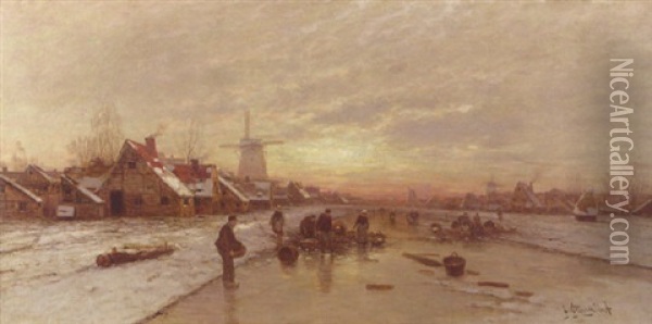 Peasants Catching Fish From A Blow-hole In The Ice Oil Painting - Johann Jungblut