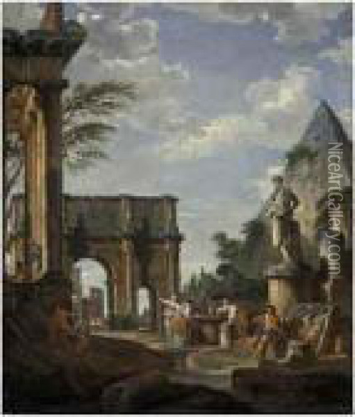 A Capriccio Of The Roman Forum, 
With The Arch Of Constantine, Thepyramid Of Cestius And The Colosseum 
Beyond, Figures By A Fountainin The Foreground Oil Painting - Giovanni Niccolo Servandoni