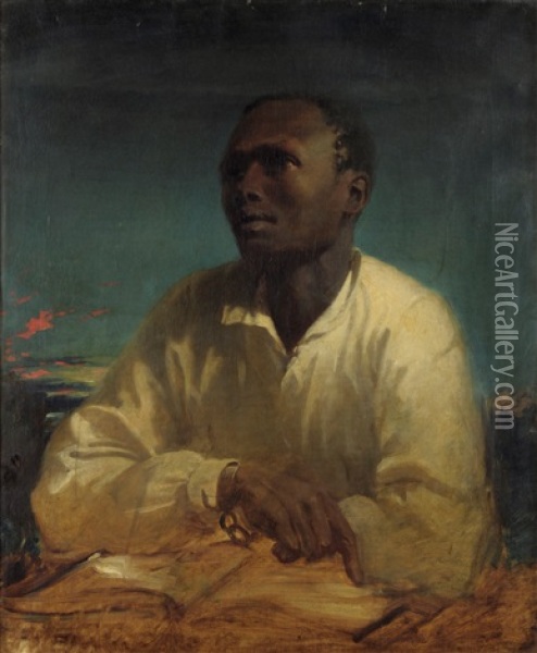 Portrait Of A Negro Slave Wearing A Cream Shirt, His Wrists In Chains Oil Painting - John Simpson