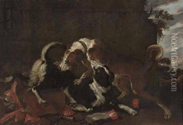 A Wooded Landscape With Two Dogs Fighting Over The Remains Of A Carcus Oil Painting - Frans Snyders
