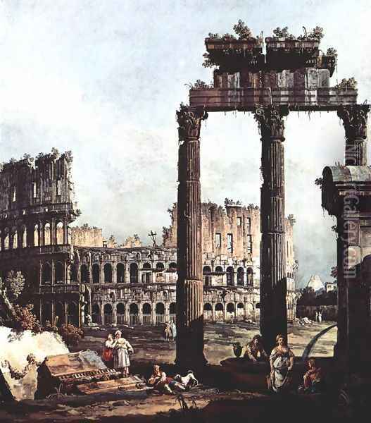 Capriccio Romano, Colosseum ruins and Vespasian Temple Oil Painting - (Giovanni Antonio Canal) Canaletto